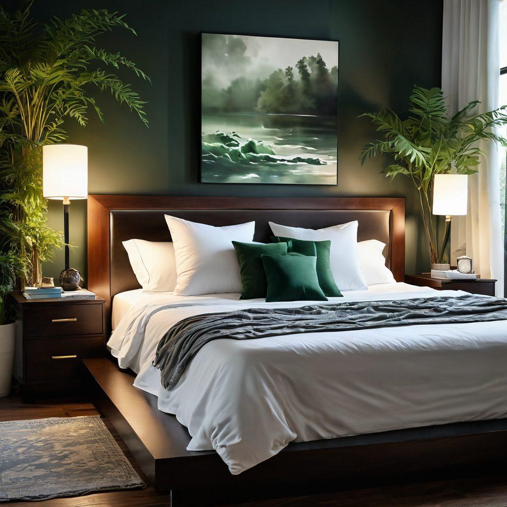 A serene bedroom scene featuring a luxurious waterbed with gentle waves, surrounded by lush greenery and soft ambient light. Include a cozy blanket and plush pillows to enhance comfort, alongside a beautifully designed nightstand with books and a lantern. Highlight calming colors and textures to evoke tranquility. super-realistic. warm tones. soft focus.