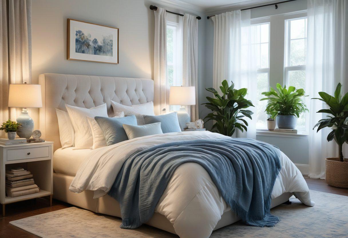 A serene bedroom scene featuring a plush bed adorned with luxurious bedding, soft lighting from bedside lamps, and a calming color palette of blues and whites. Elements like a cozy reading nook with a throw blanket, lush indoor plants, and dreamy curtains enhance the restful atmosphere. Include gentle shadows and a peaceful ambiance to evoke tranquility. super-realistic. soft colors. warm lighting.